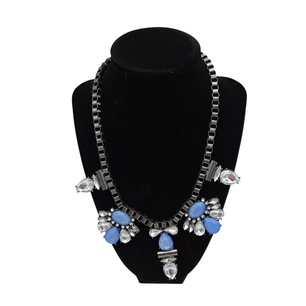 Express Gunmetal Gray Blue Clear Crystal Statement Necklace 24 Inch Adjustable